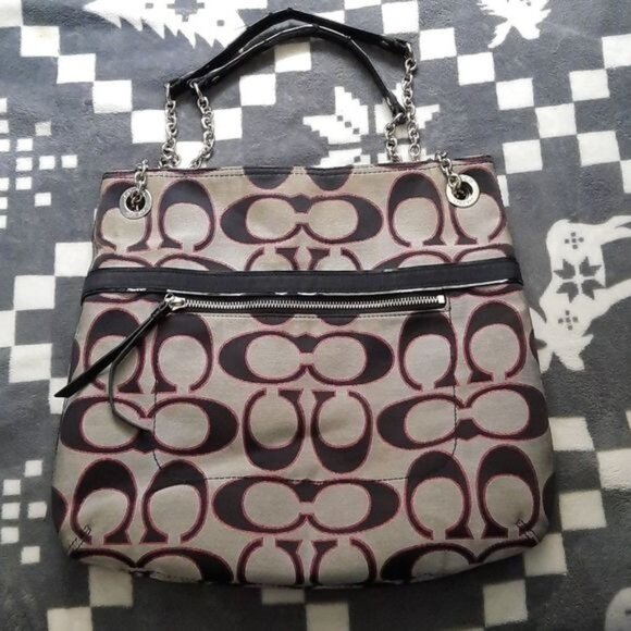 Coach Black Gray Pink Canvas Chain Strap Shoulder Tote Handbag No H1282-21161 - Picture 1 of 16